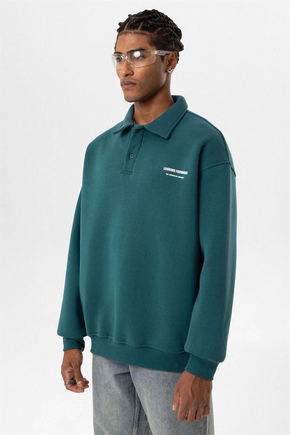 Polo Yaka Baskılı Oversize Sweatshirt