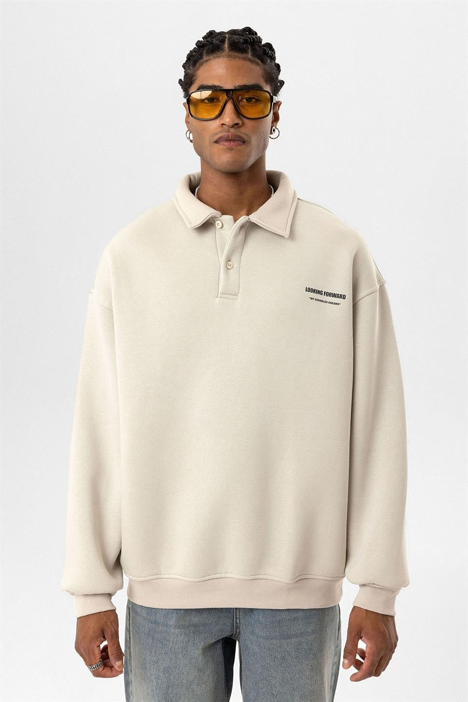 Polo Yaka Baskılı Oversize Sweatshirt