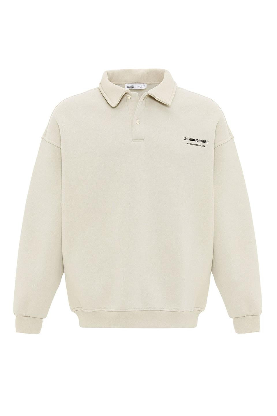 Polo Yaka Baskılı Oversize Sweatshirt