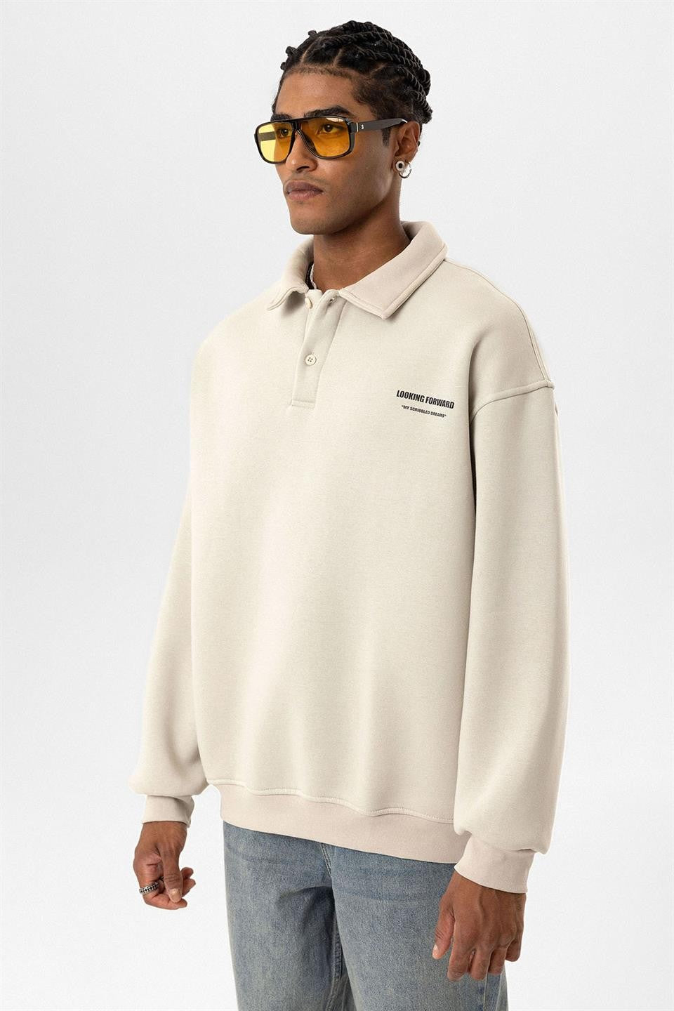 Polo Yaka Baskılı Oversize Sweatshirt