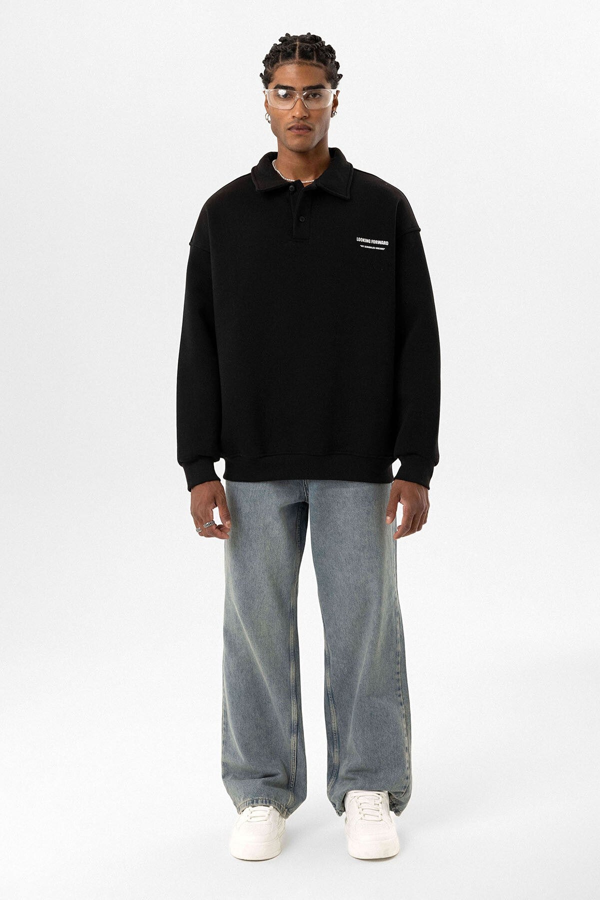 Polo Yaka Baskılı Oversize Sweatshirt