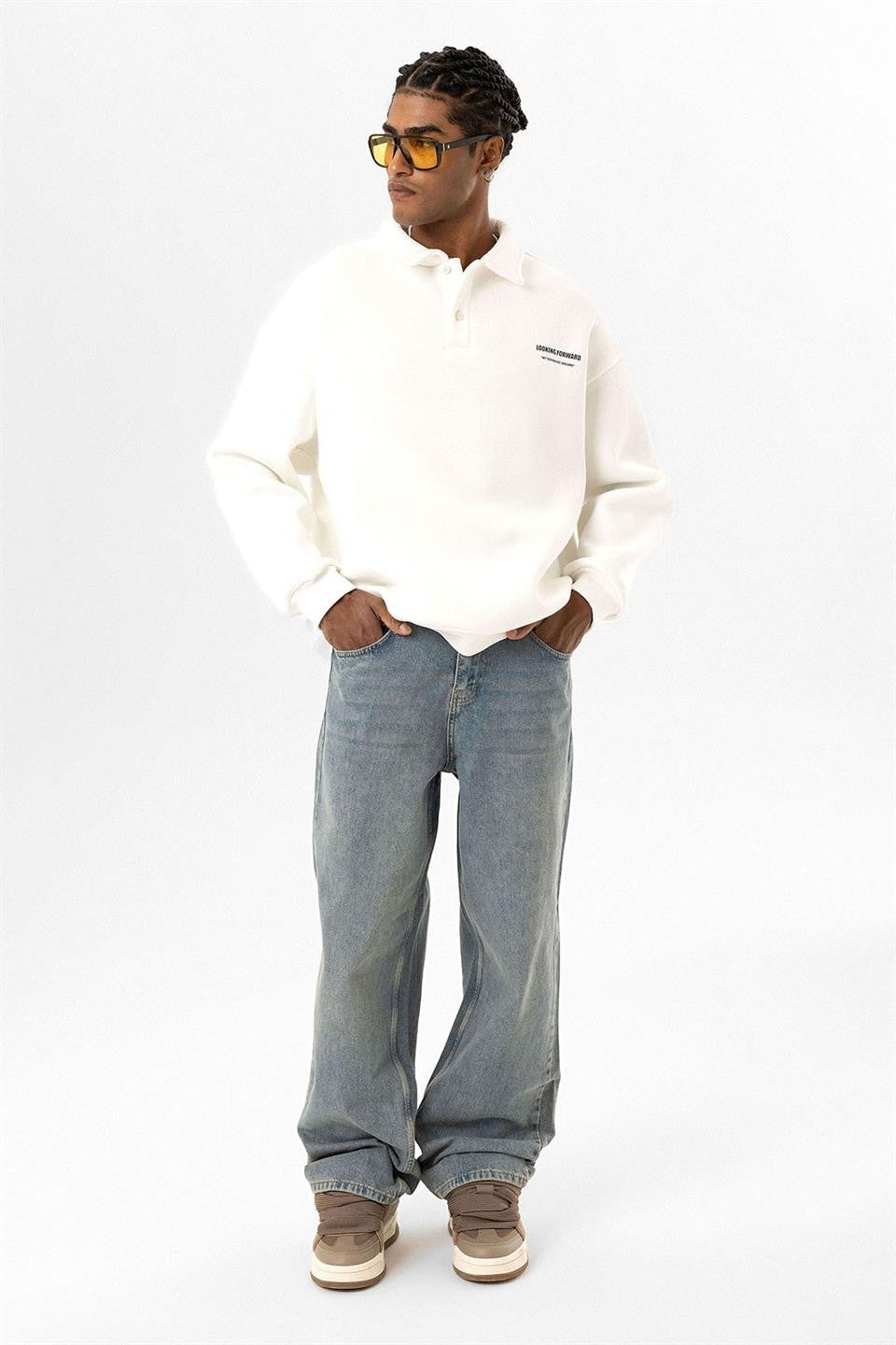 Polo Yaka Baskılı Oversize Sweatshirt