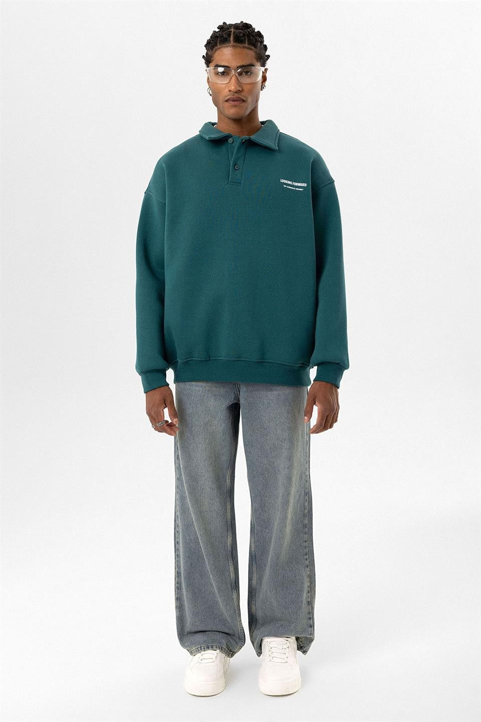 Polo Yaka Baskılı Oversize Sweatshirt