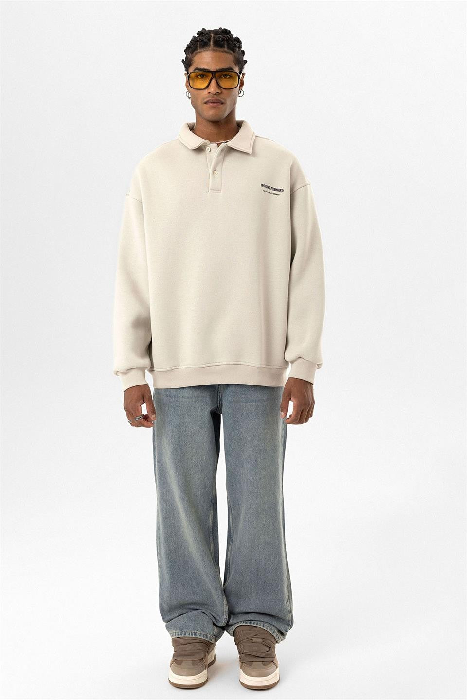 Polo Yaka Baskılı Oversize Sweatshirt