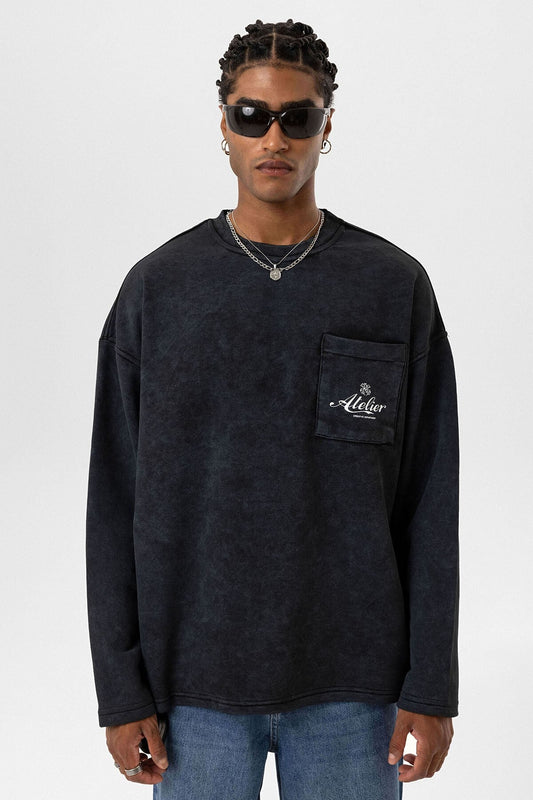 Yıkamalı Oversize Cep Detaylı Sweatshirt
