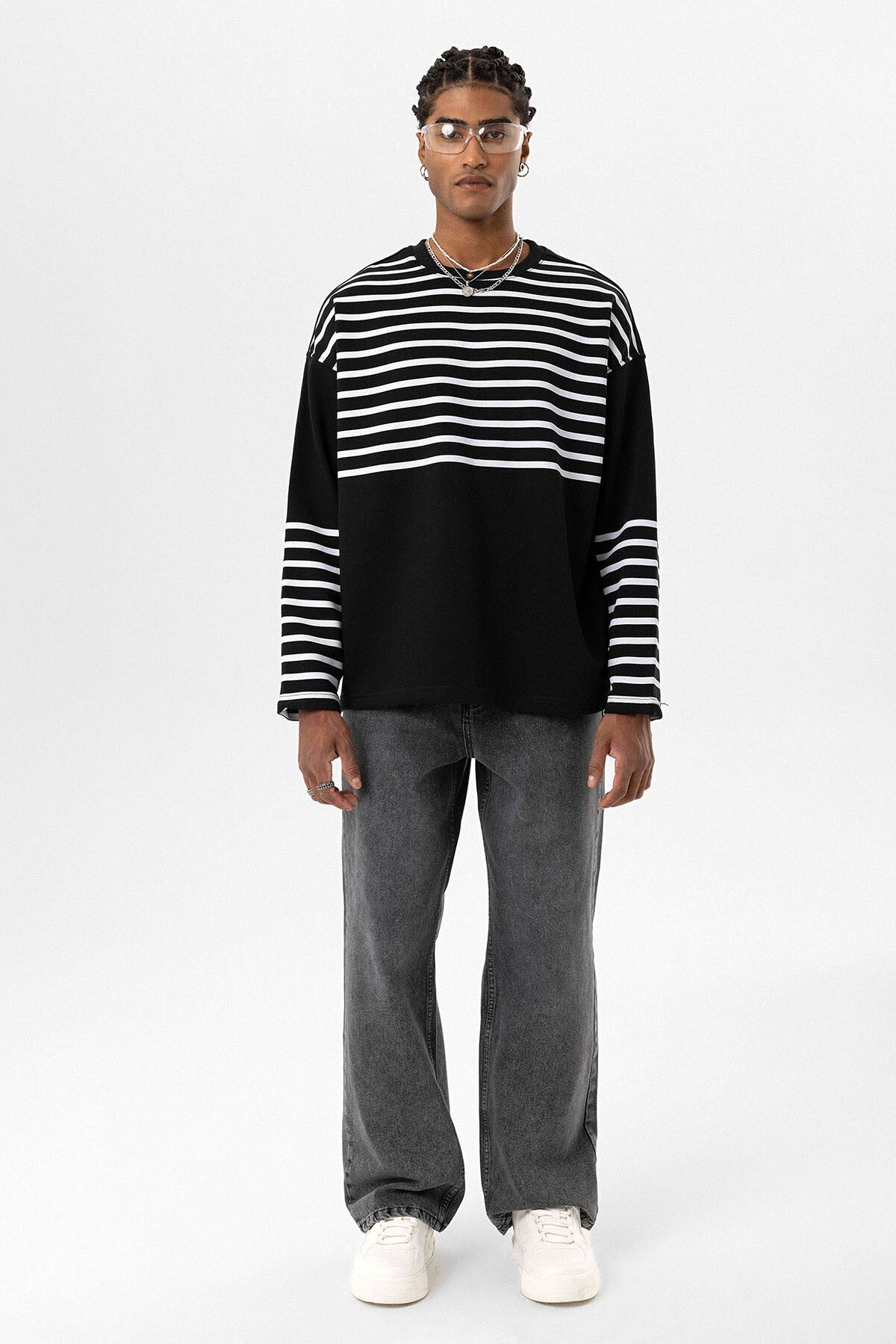 Çizgili Şerit Detaylı Oversize Sweatshirt