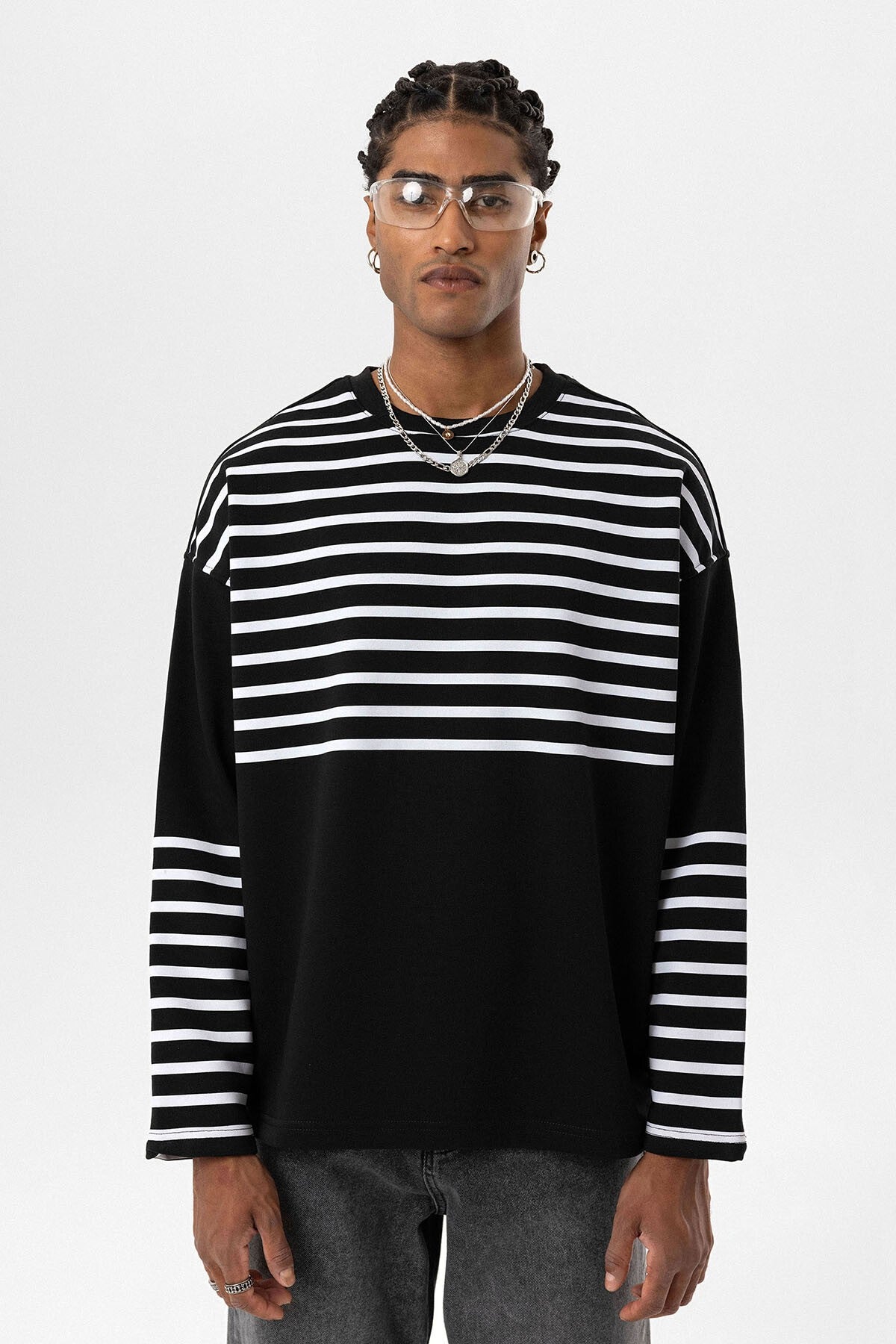 Çizgili Şerit Detaylı Oversize Sweatshirt