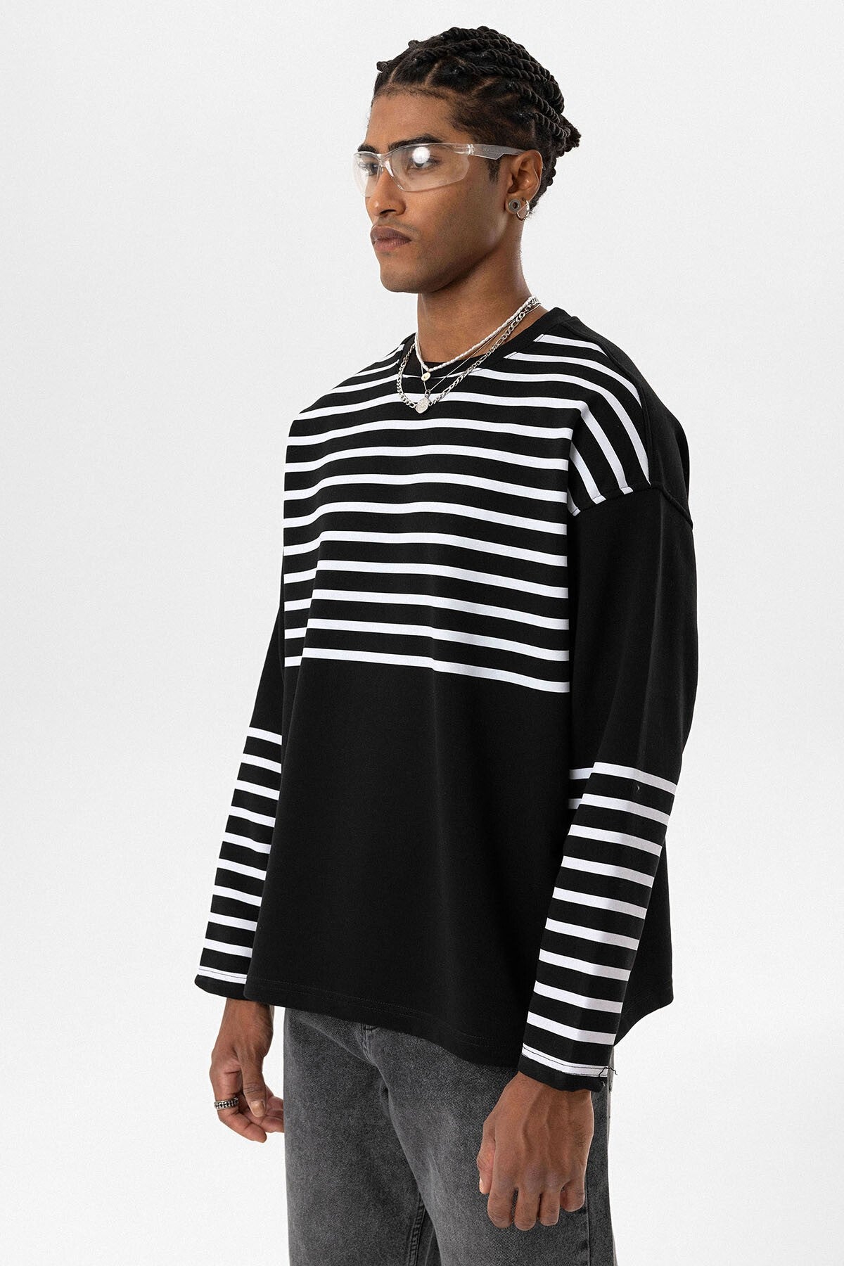 Çizgili Şerit Detaylı Oversize Sweatshirt