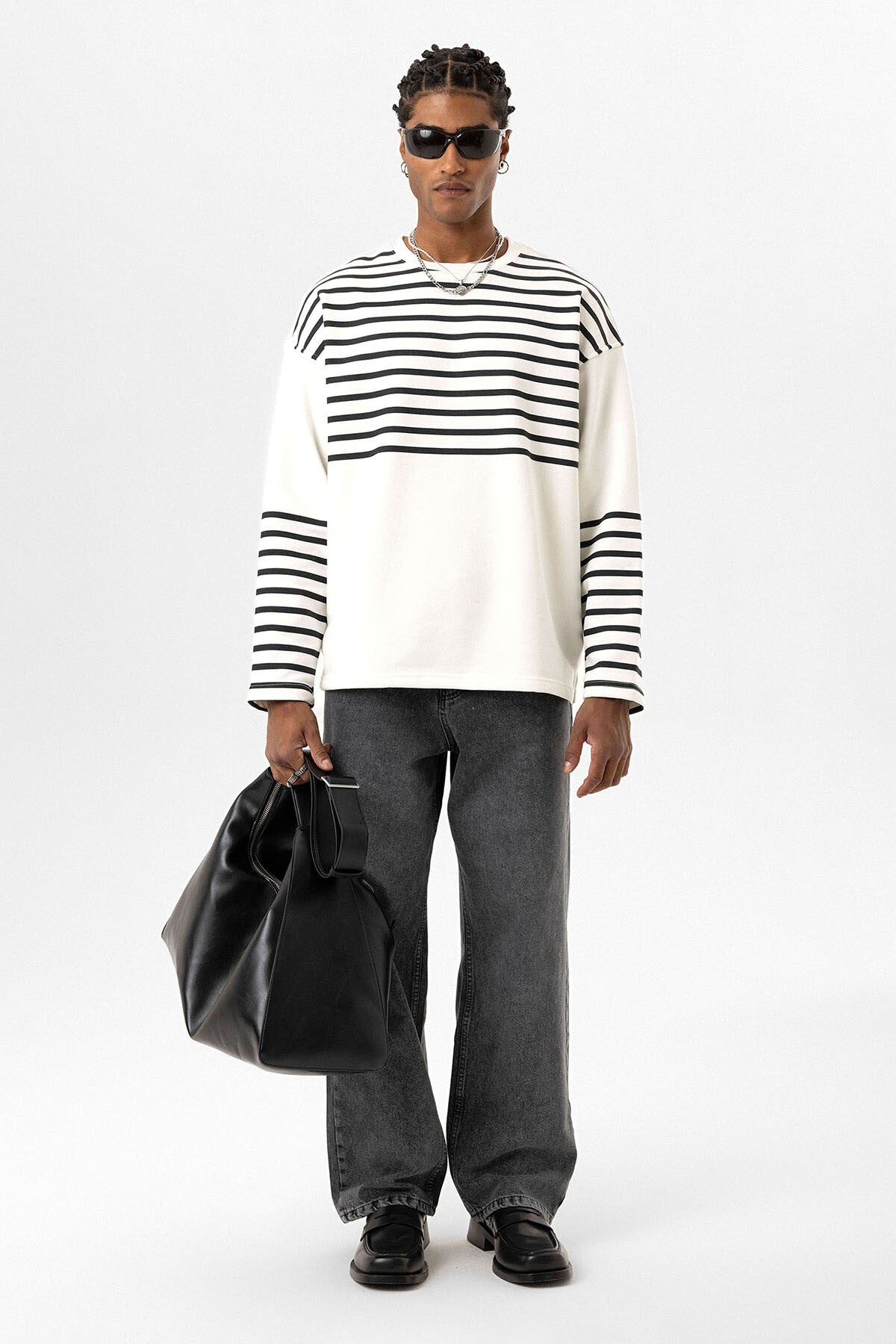 Çizgili Şerit Detaylı Oversize Sweatshirt