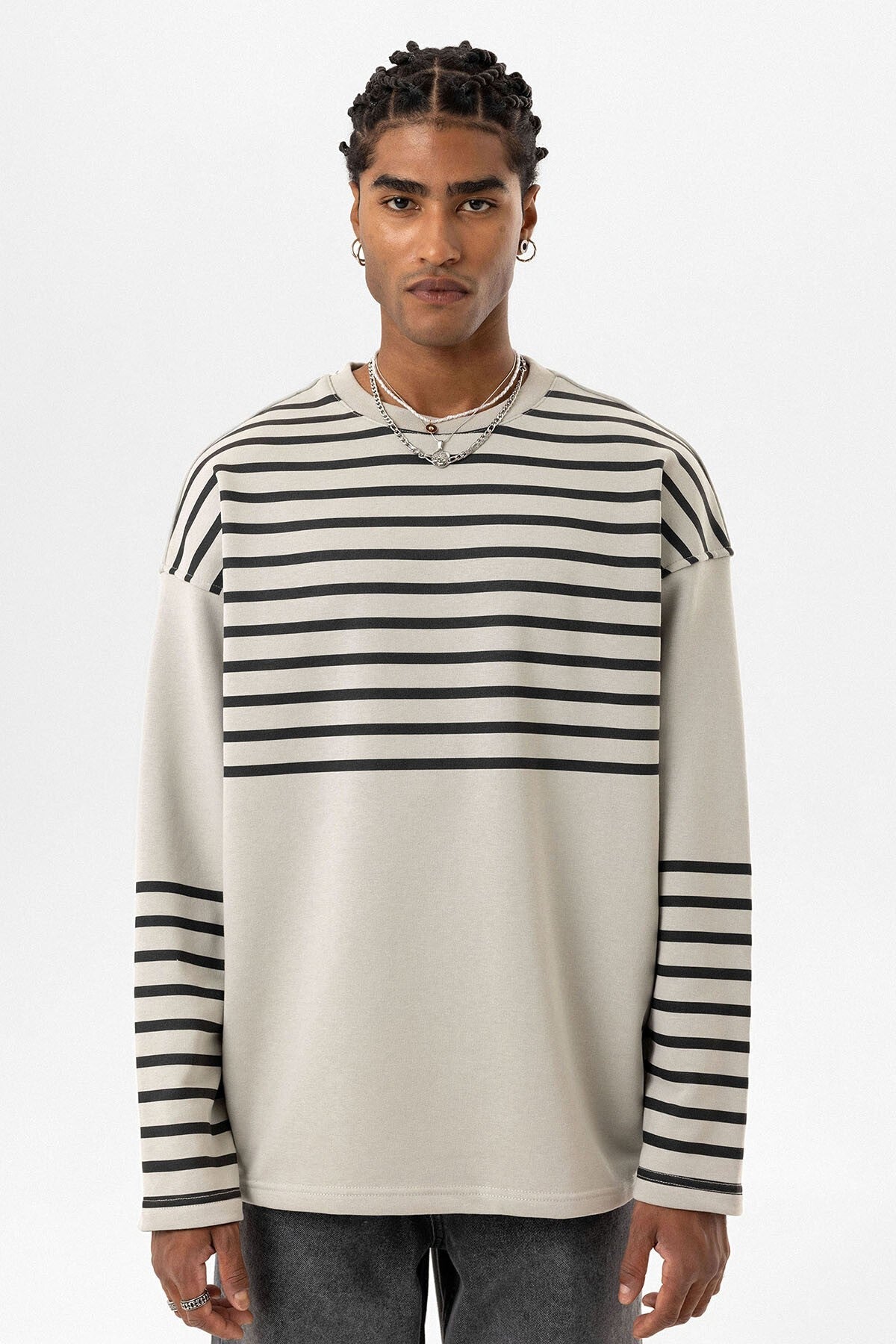 Çizgili Şerit Detaylı Oversize Sweatshirt
