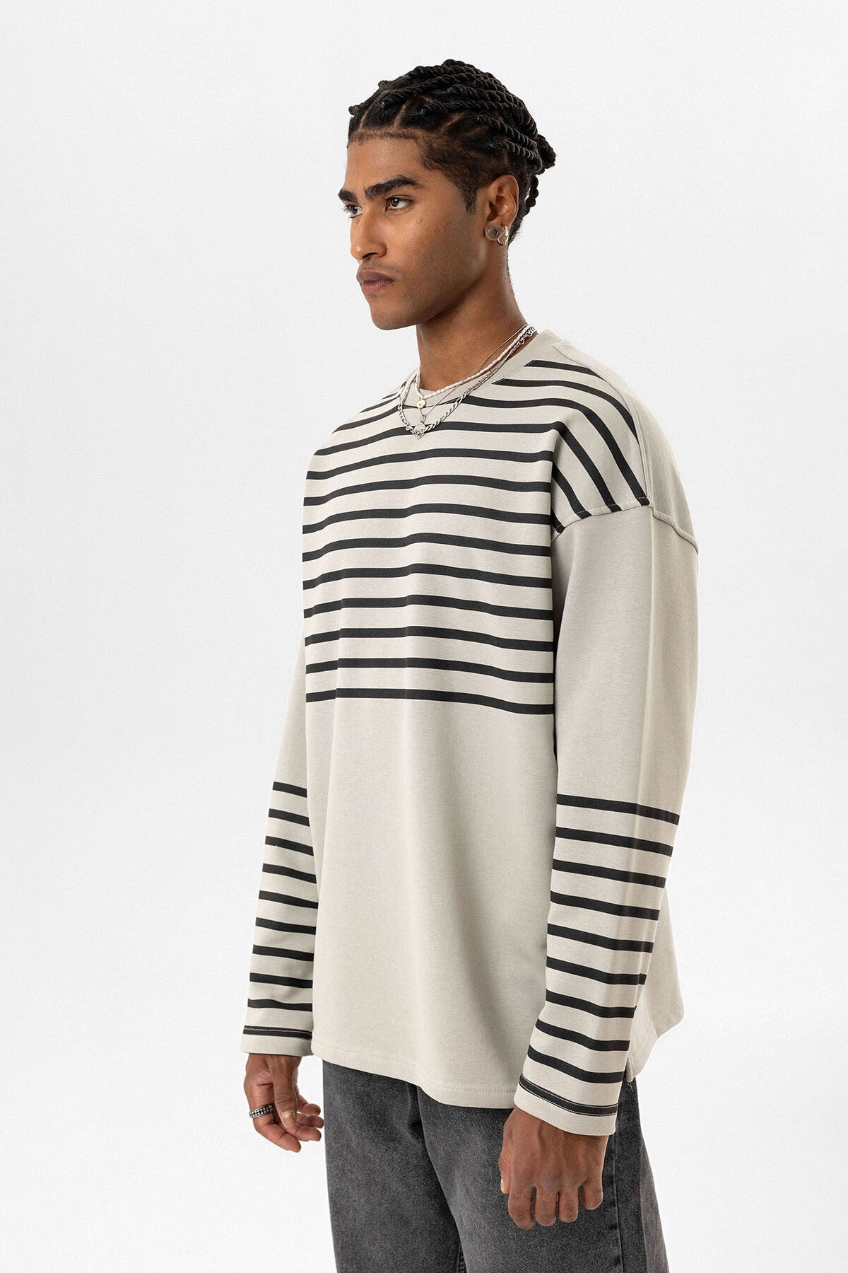 Çizgili Şerit Detaylı Oversize Sweatshirt
