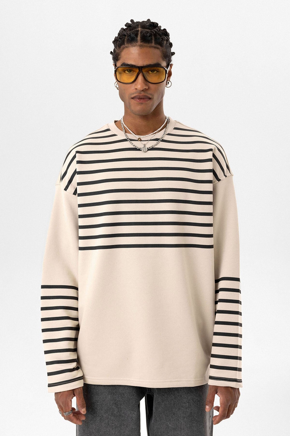 Çizgili Şerit Detaylı Oversize Sweatshirt