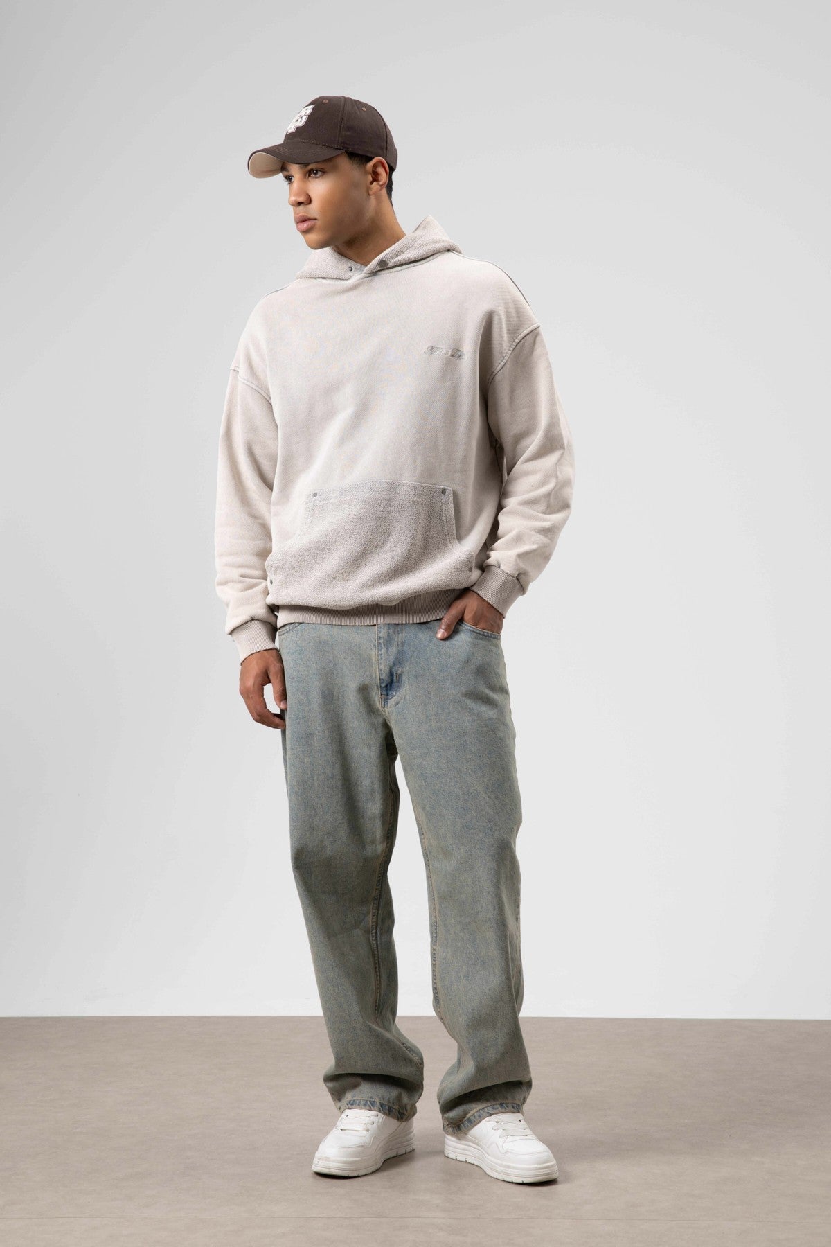 Oversize Yıkamalı Baskılı Kapüşonlu Sweatshirt