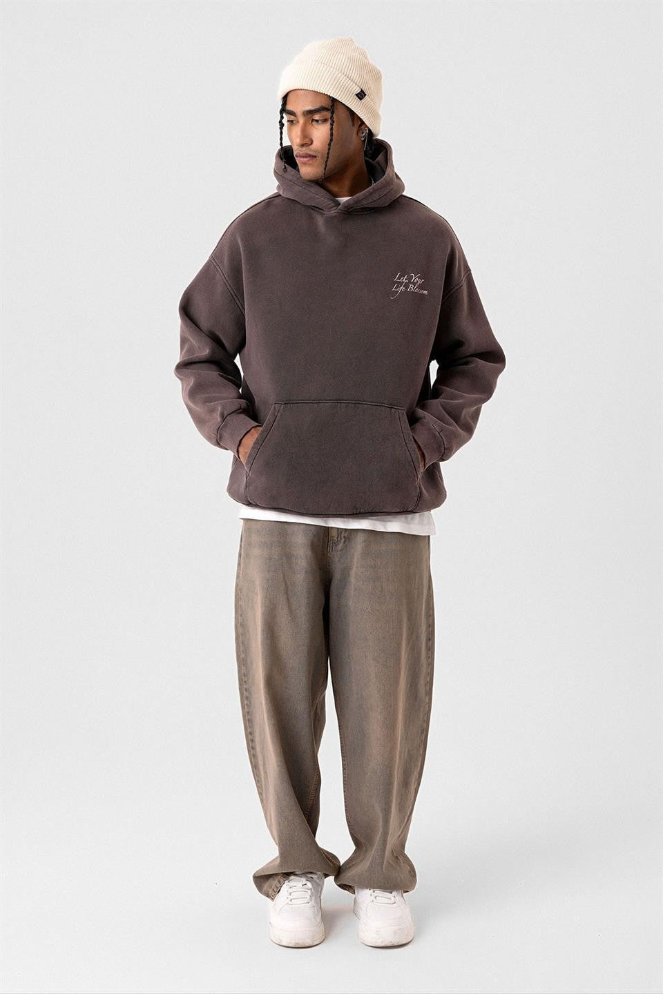 Yazı Detaylı Yıkamalı Oversize Sweatshirt