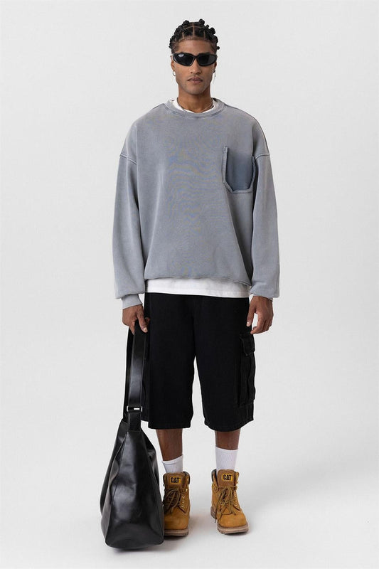 Yıkamalı Cep Detaylı Oversize Sweatshirt