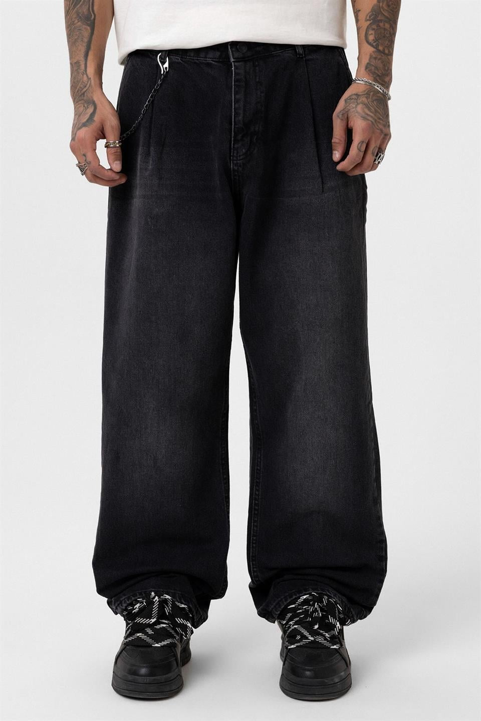 Pileli Zİncir Detaylı Baggy Jean