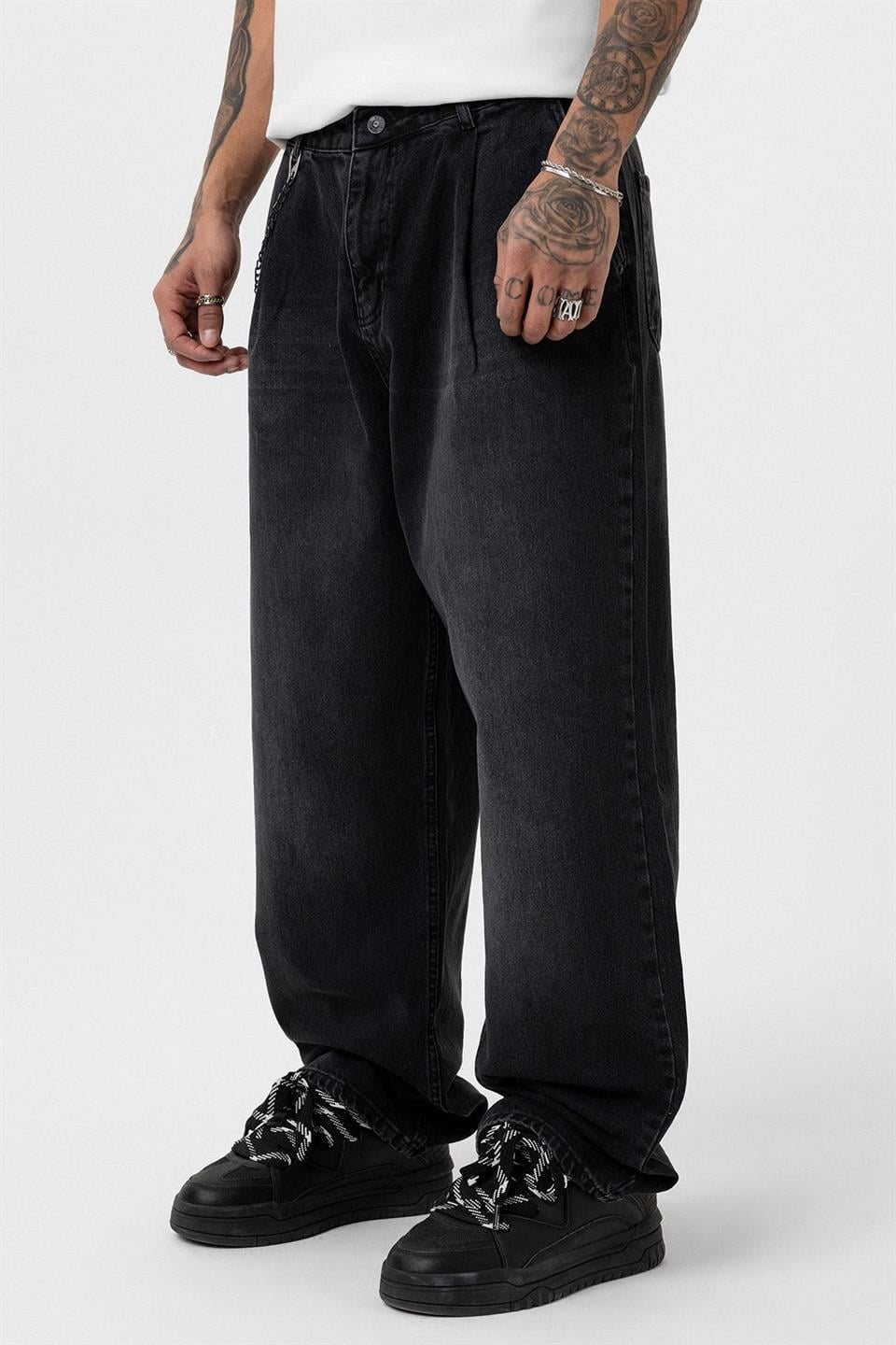 Pileli Zİncir Detaylı Baggy Jean
