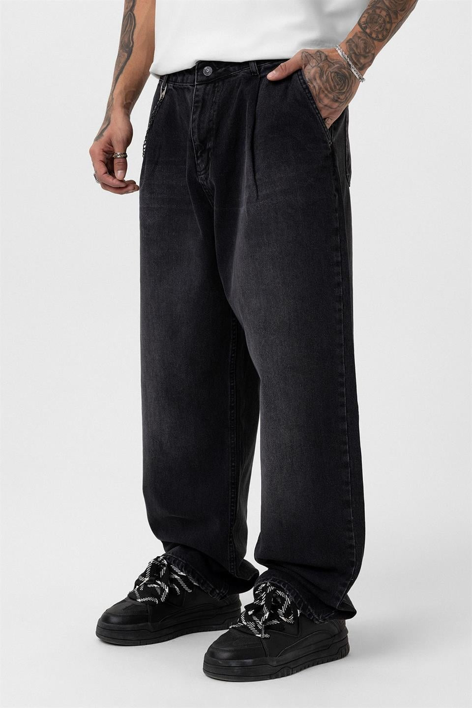 Pileli Zİncir Detaylı Baggy Jean