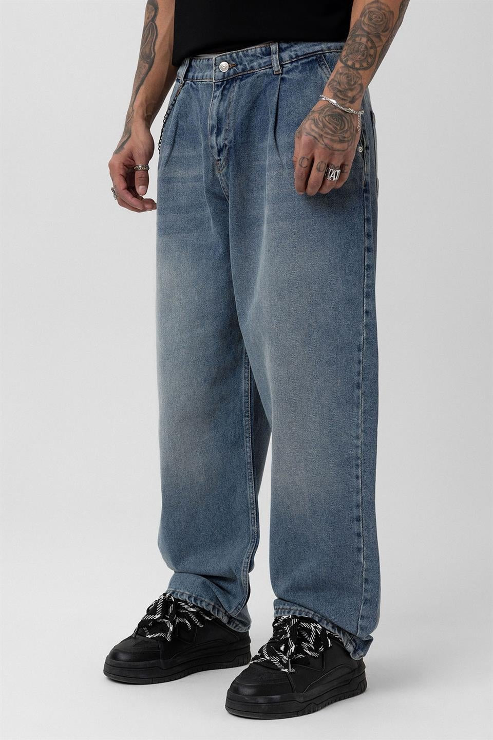 Pileli Zİncir Detaylı Baggy Jean