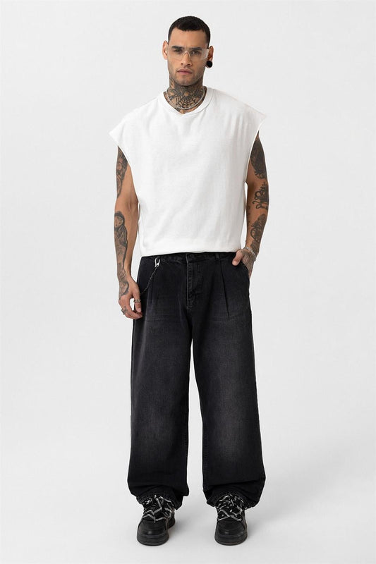Pileli Zİncir Detaylı Baggy Jean