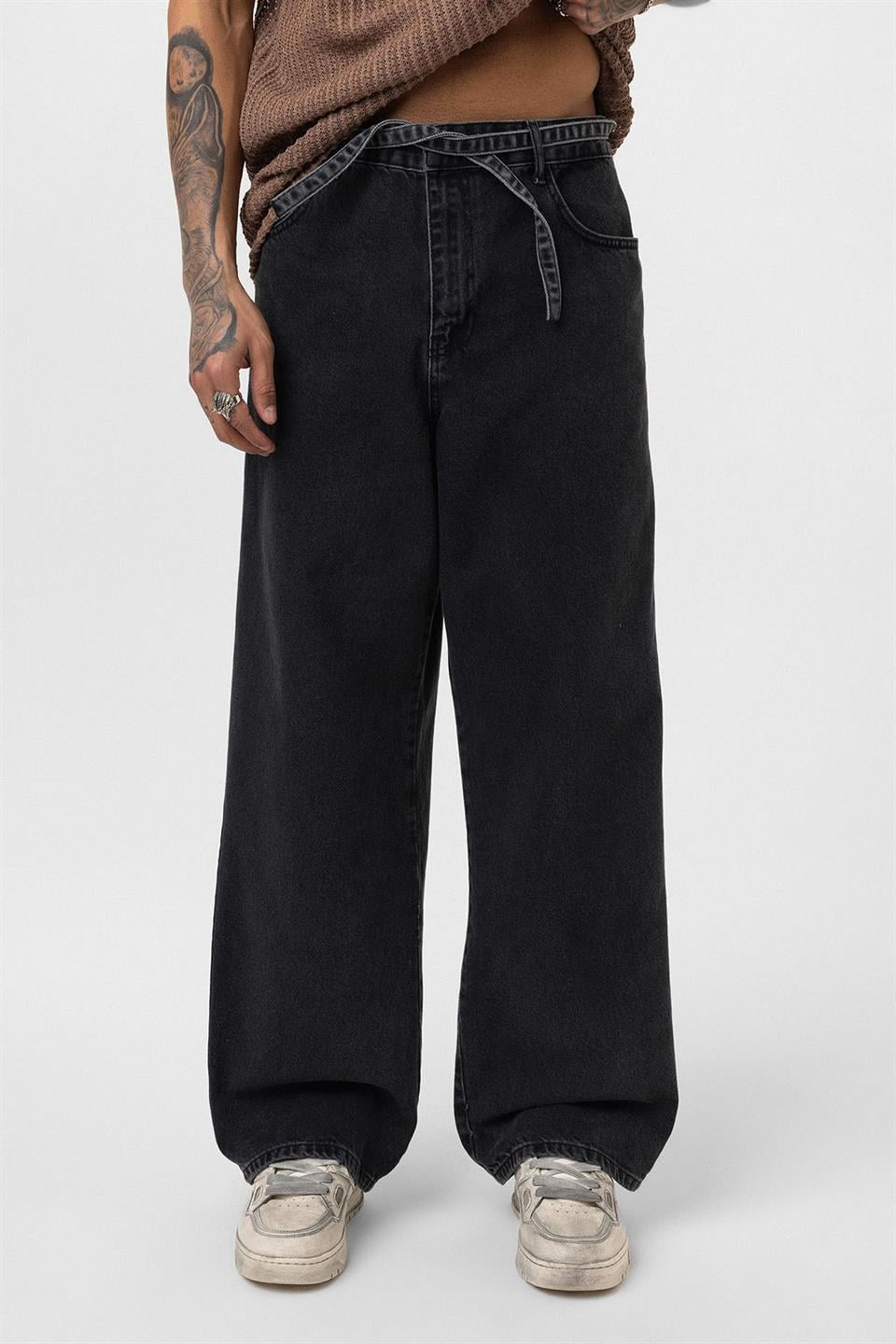 Kemer Detaylı Şeritli Baggy Jean