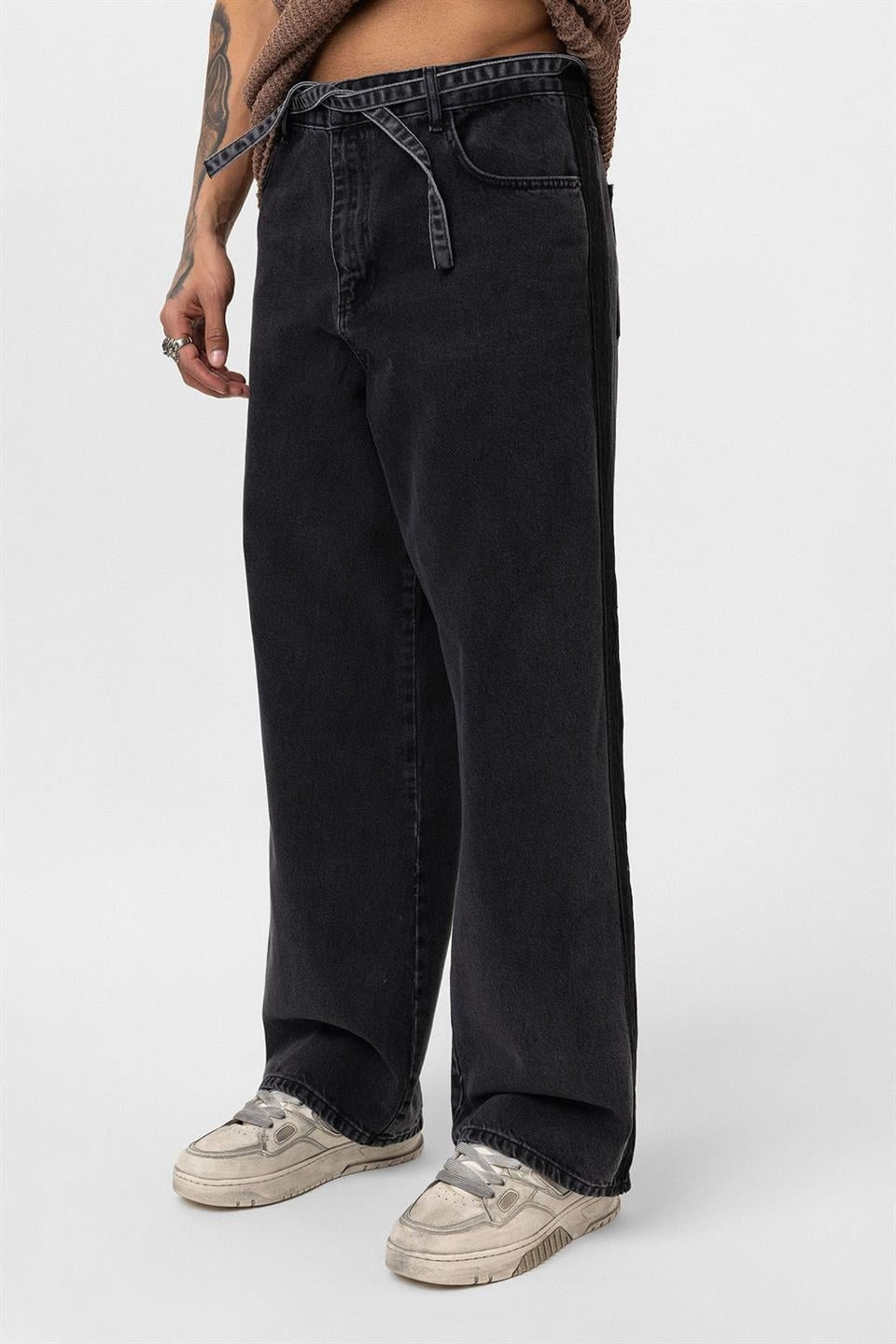 Kemer Detaylı Şeritli Baggy Jean