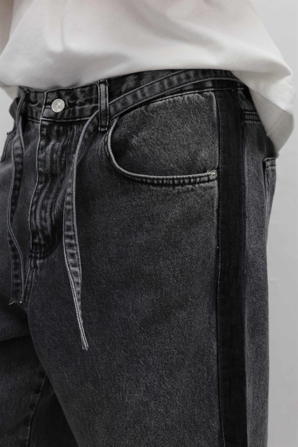 Kemer Detaylı Şeritli Baggy Jean