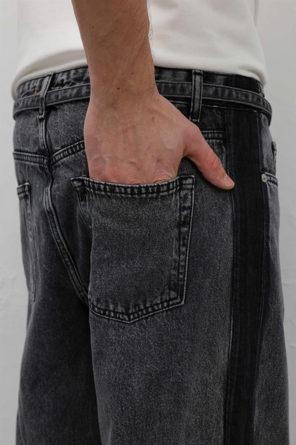 Kemer Detaylı Şeritli Baggy Jean