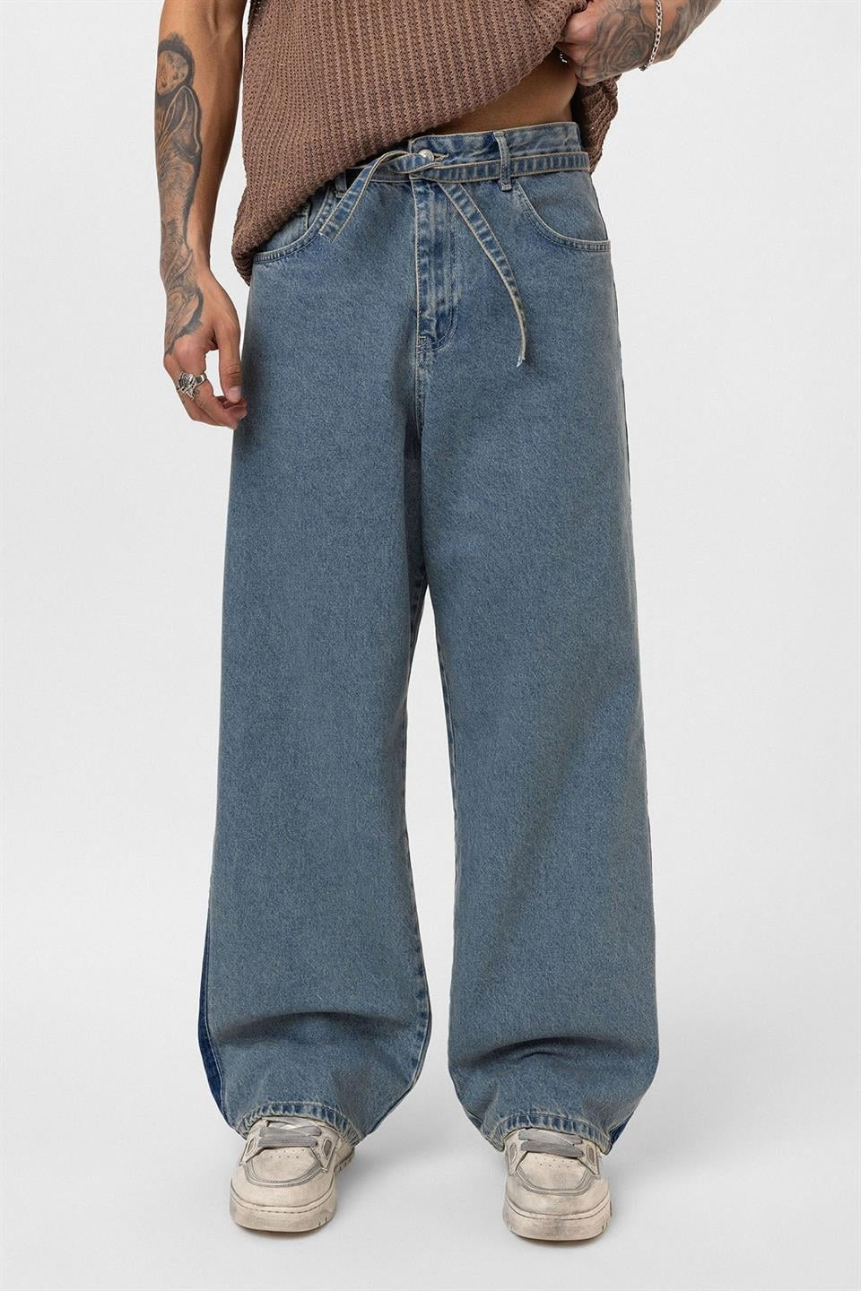 Kemer Detaylı Şeritli Baggy Jean