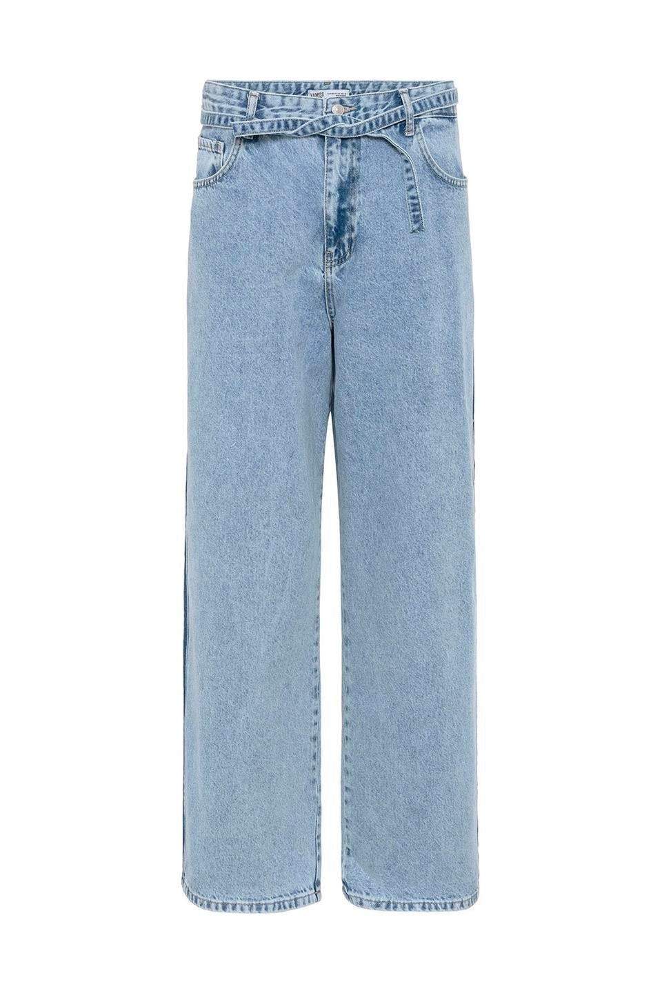 Kemer Detaylı Şeritli Baggy Jean