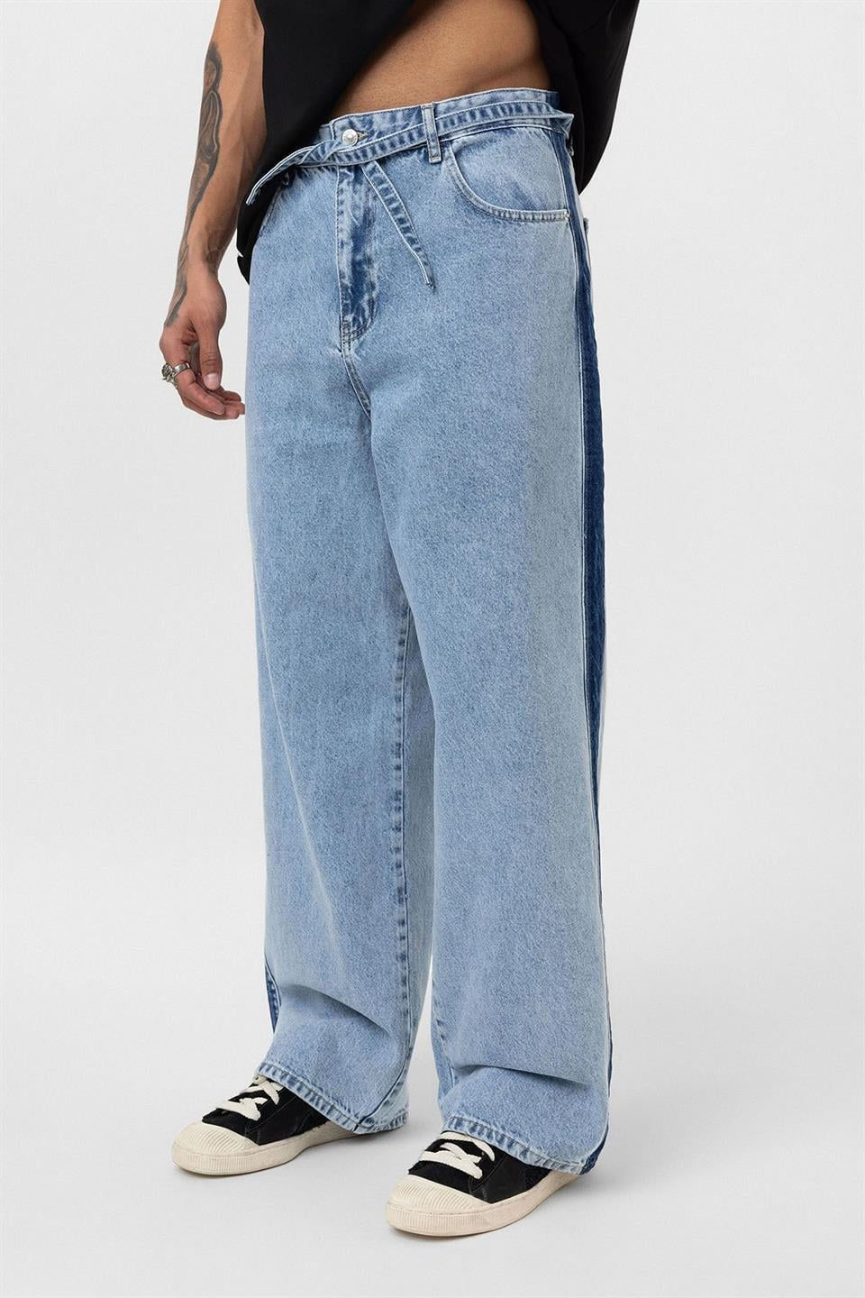 Kemer Detaylı Şeritli Baggy Jean