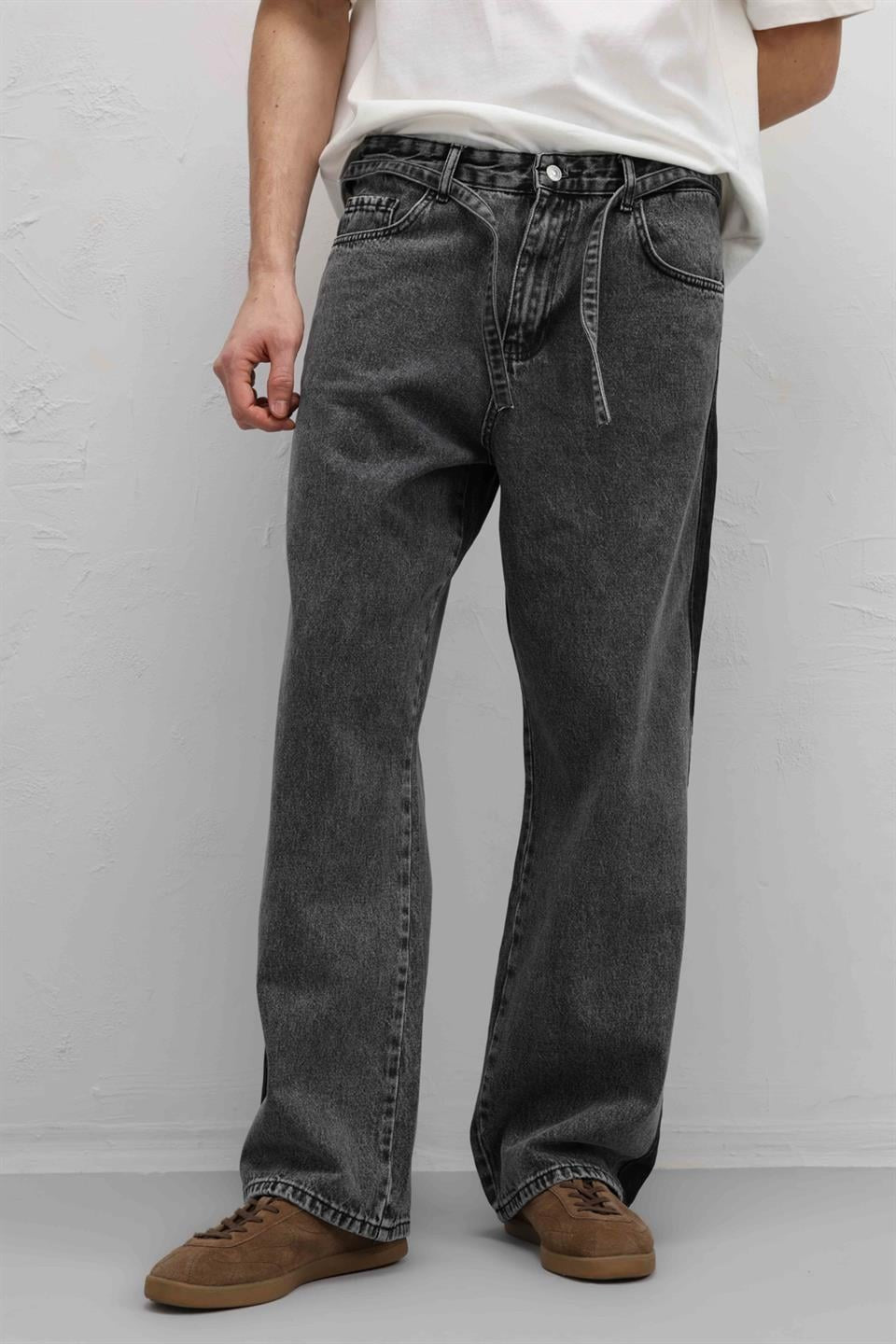 Kemer Detaylı Şeritli Baggy Jean