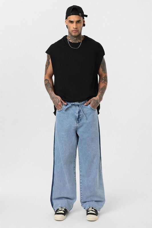 Kemer Detaylı Şeritli Baggy Jean