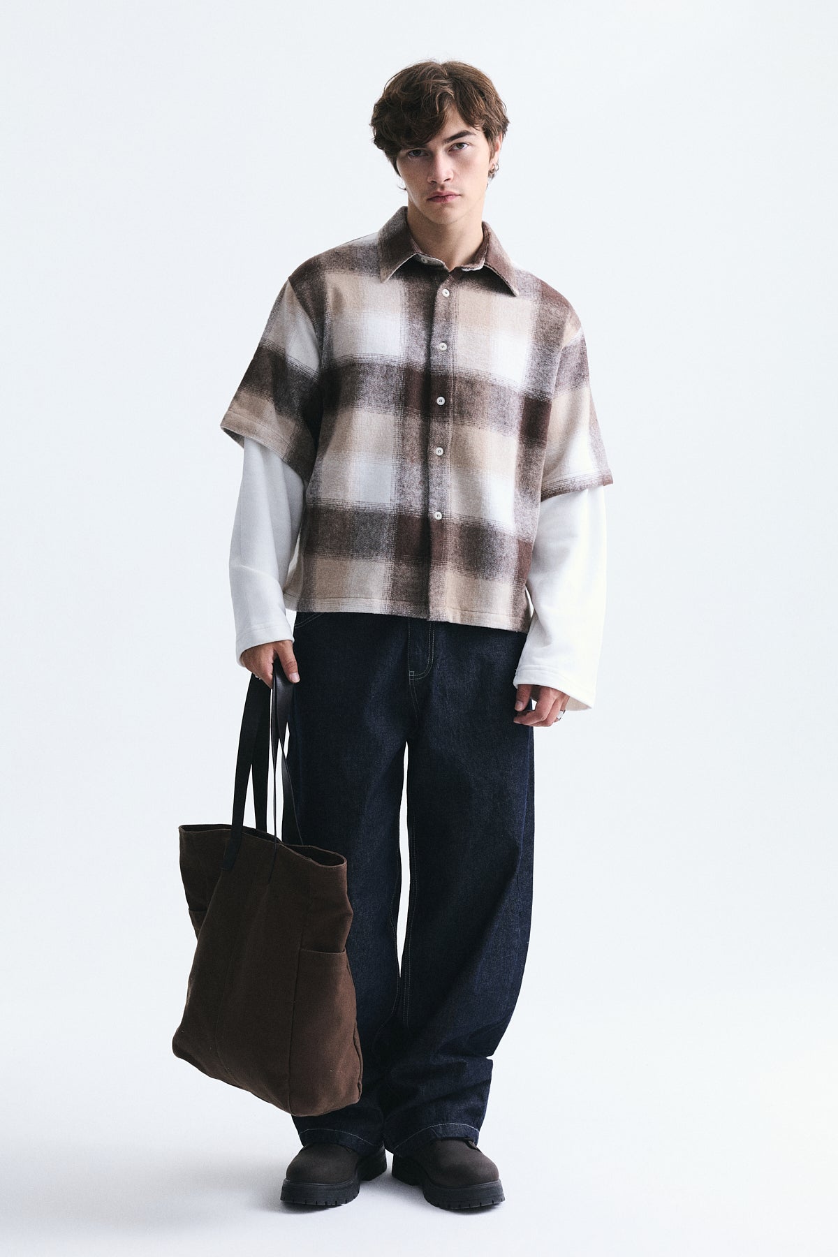 Boxy Fit Ekoseli Çift Kollu Gömlek