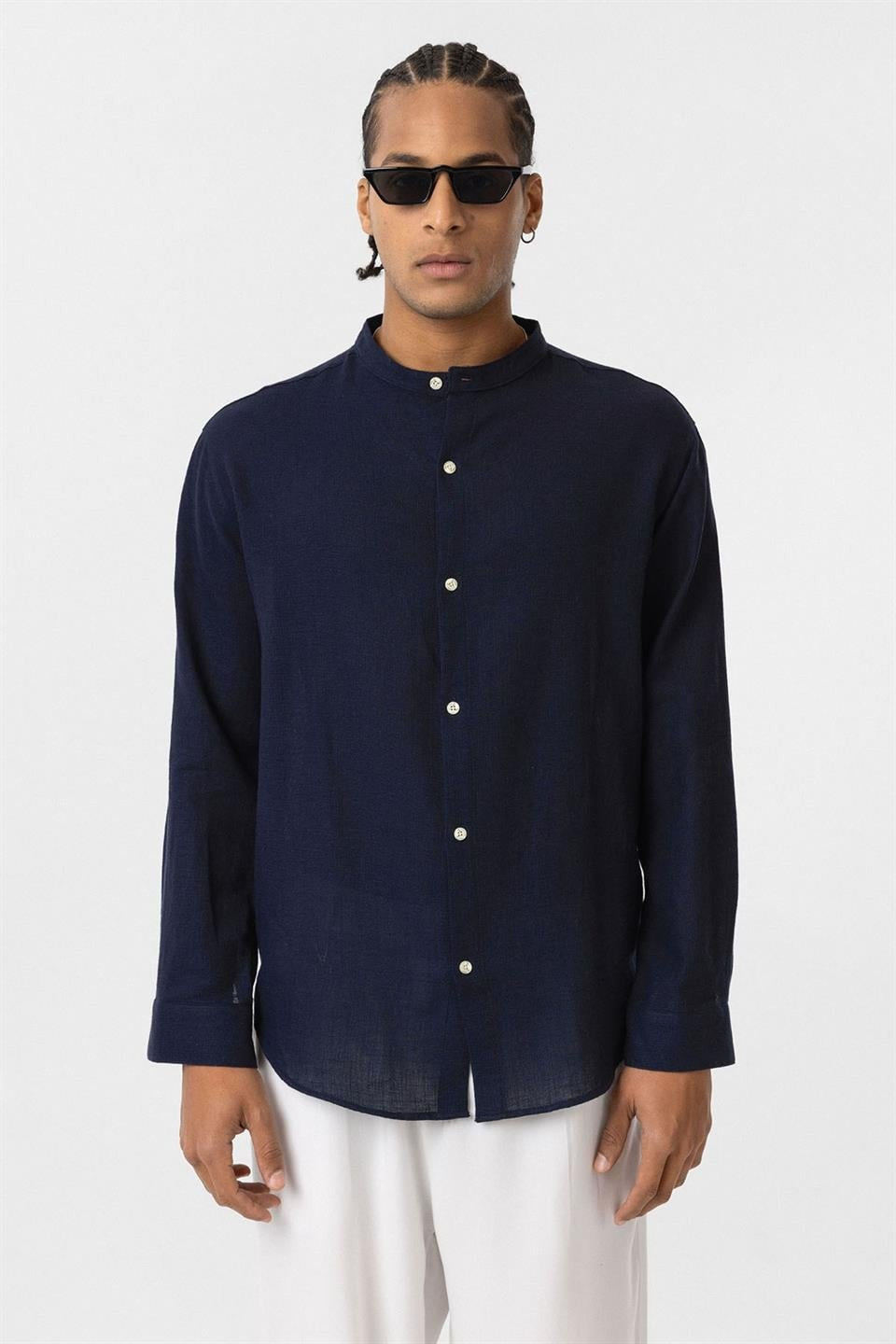 Hakim Yaka Oversize Uzun Kollu Pamuk Keten Gömlek