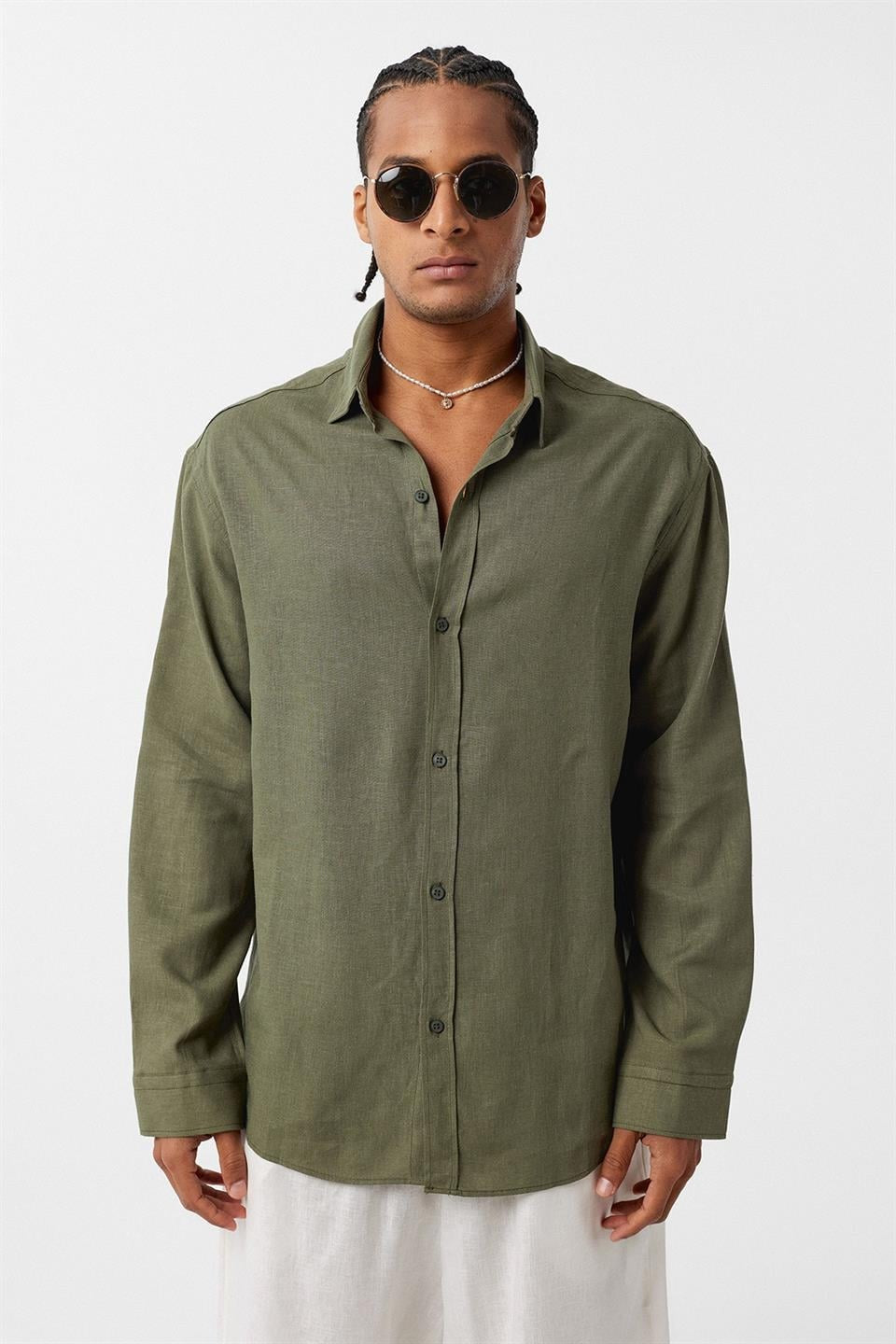 Basic Oversize Uzun Kollu Keten Gömlek