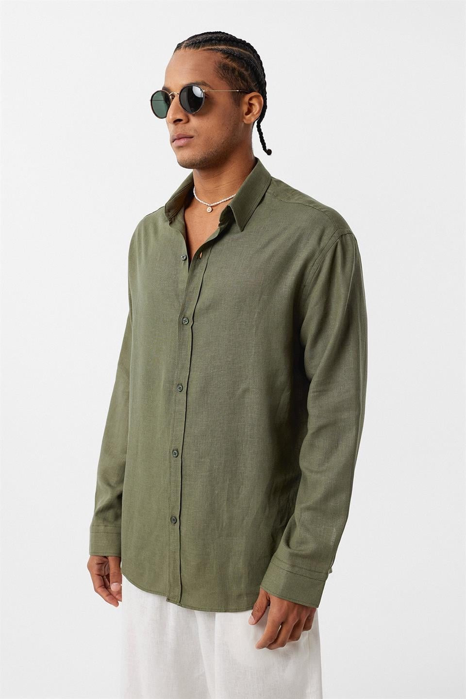 Basic Oversize Uzun Kollu Keten Gömlek