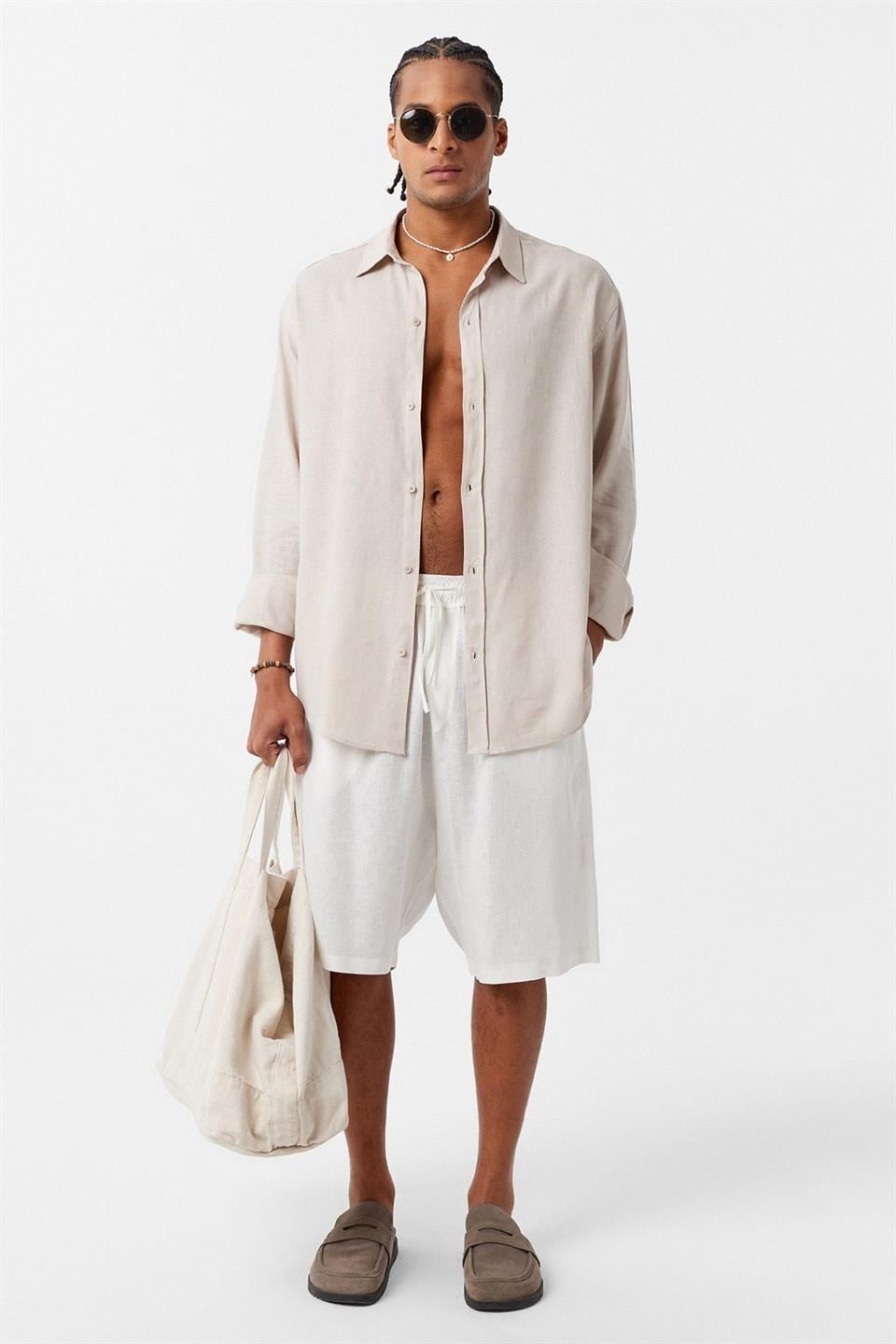 Basic Oversize Uzun Kollu Keten Gömlek