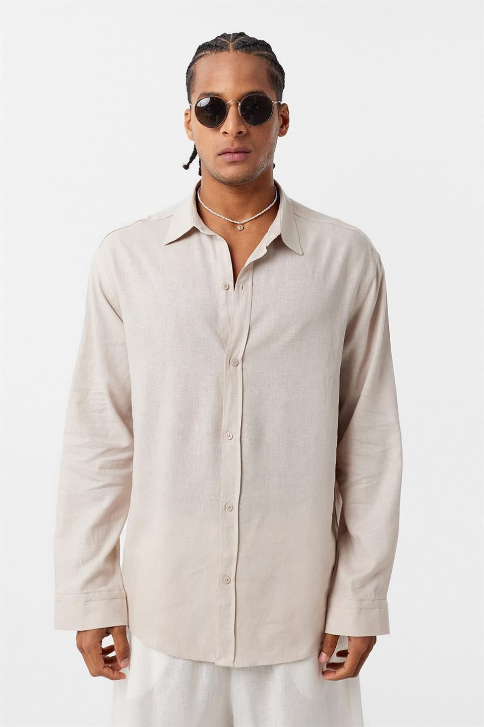 Basic Oversize Uzun Kollu Keten Gömlek