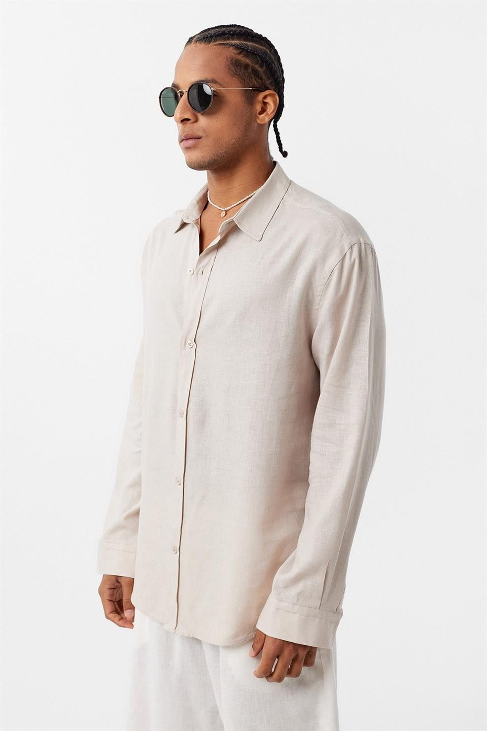 Basic Oversize Uzun Kollu Keten Gömlek