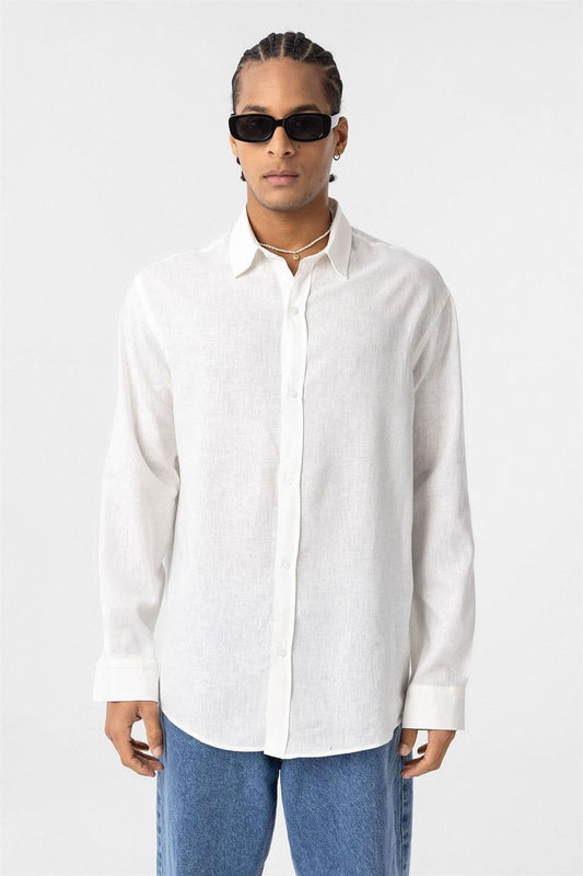 Basic Oversize Uzun Kollu Keten Gömlek