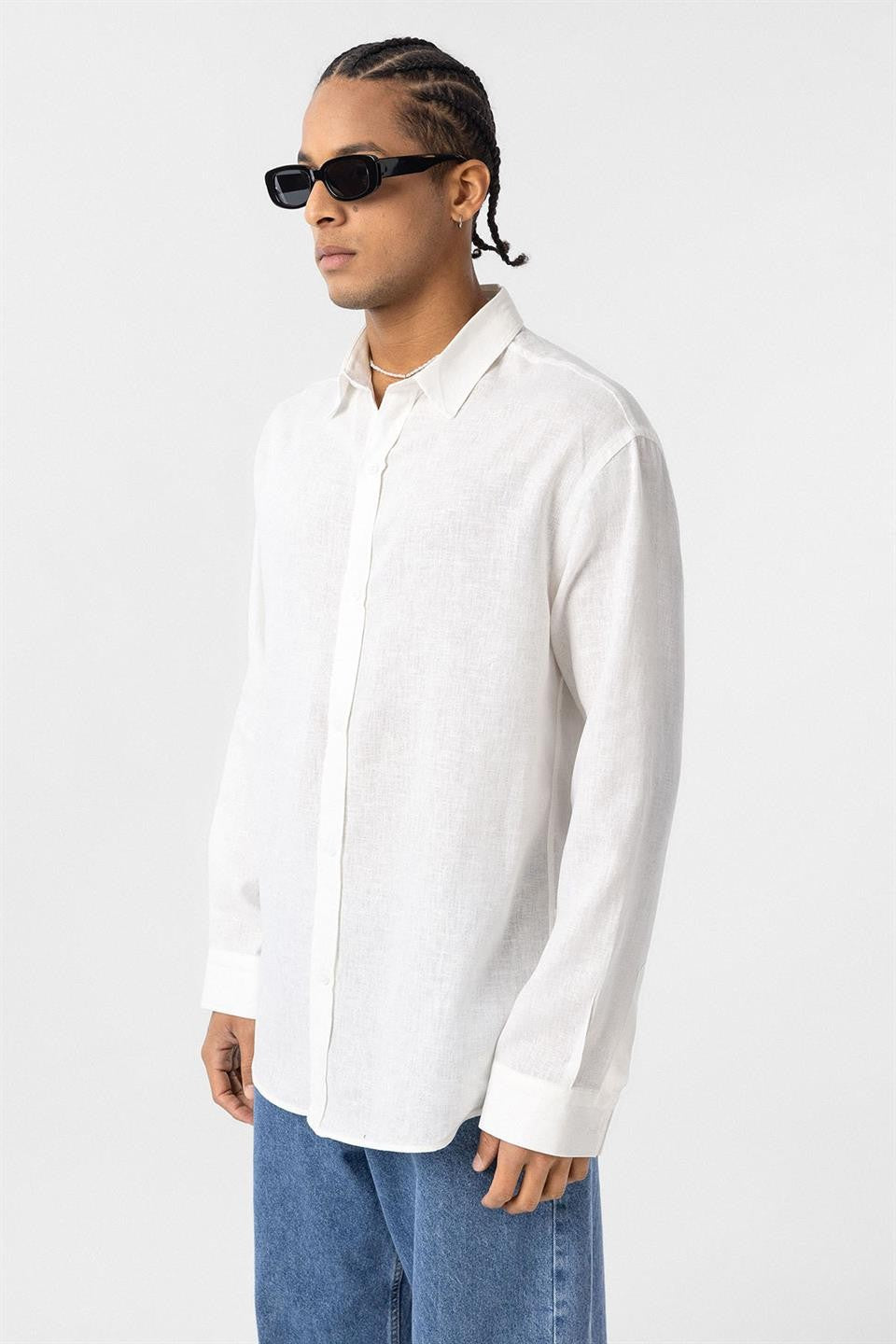 Basic Oversize Uzun Kollu Keten Gömlek