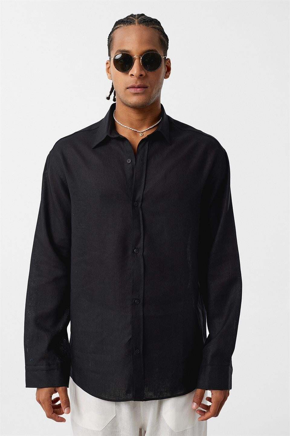 Basic Oversize Uzun Kollu Keten Gömlek