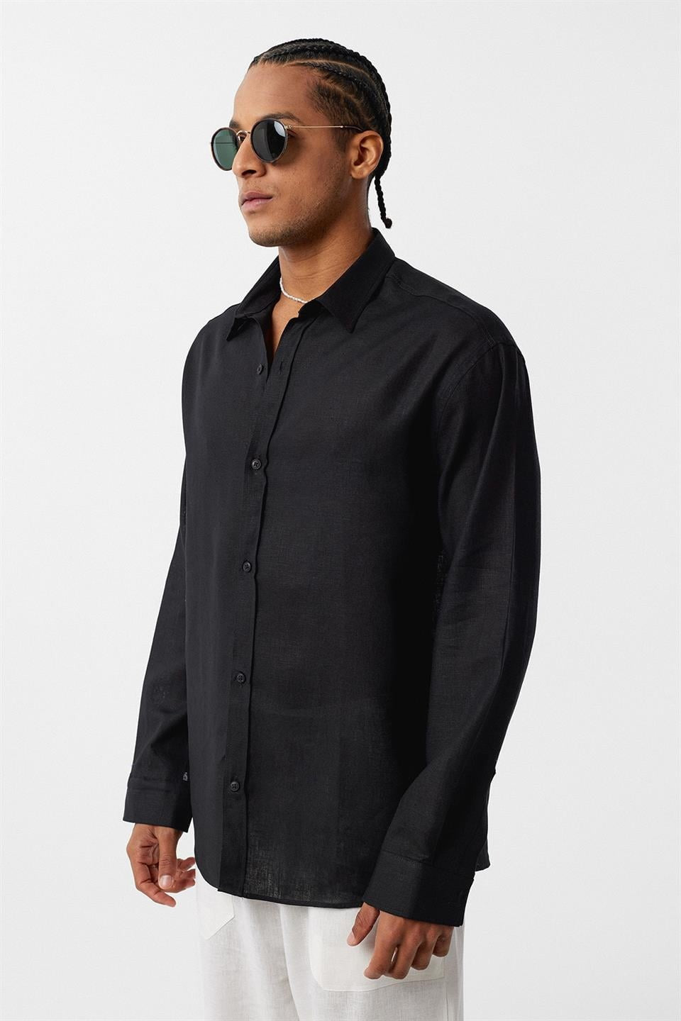 Basic Oversize Uzun Kollu Keten Gömlek