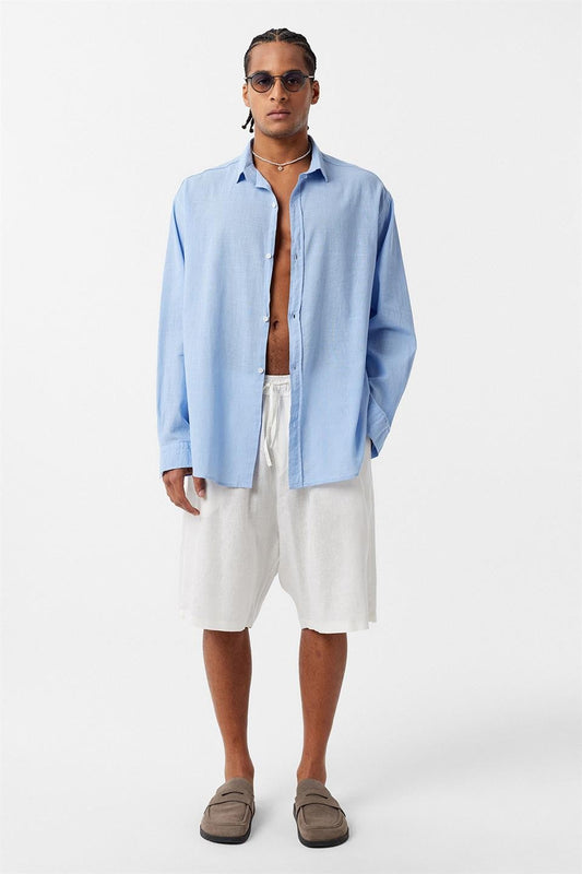 Basic Oversize Uzun Kollu Keten Gömlek