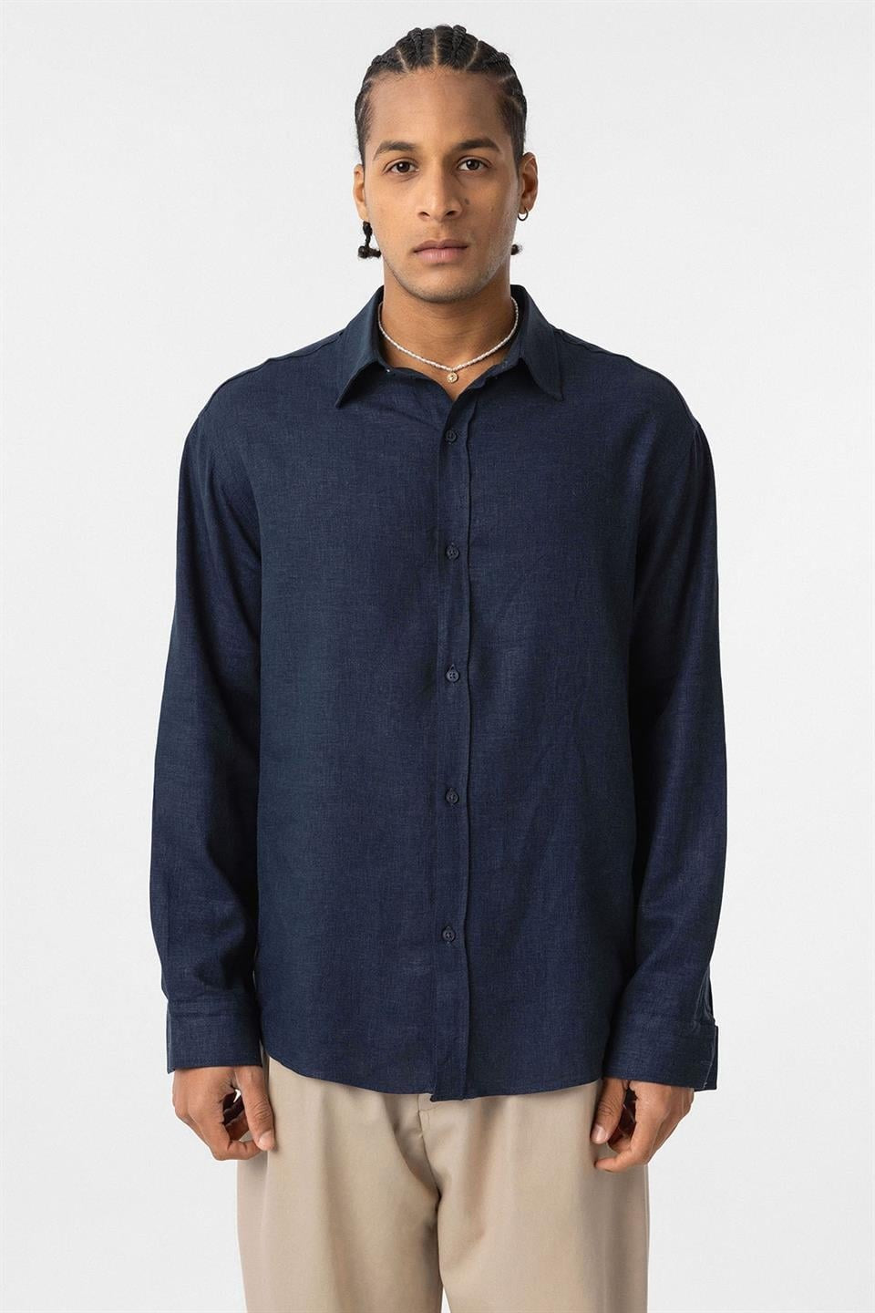 Basic Oversize Uzun Kollu Keten Gömlek