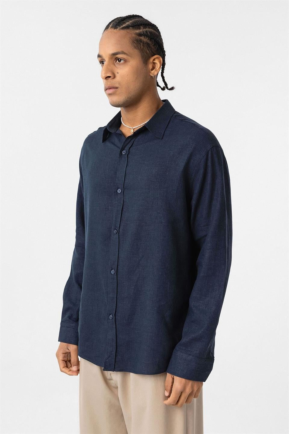 Basic Oversize Uzun Kollu Keten Gömlek