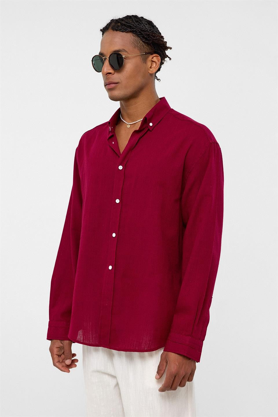 Basic Oversize Uzun Kollu Keten Gömlek