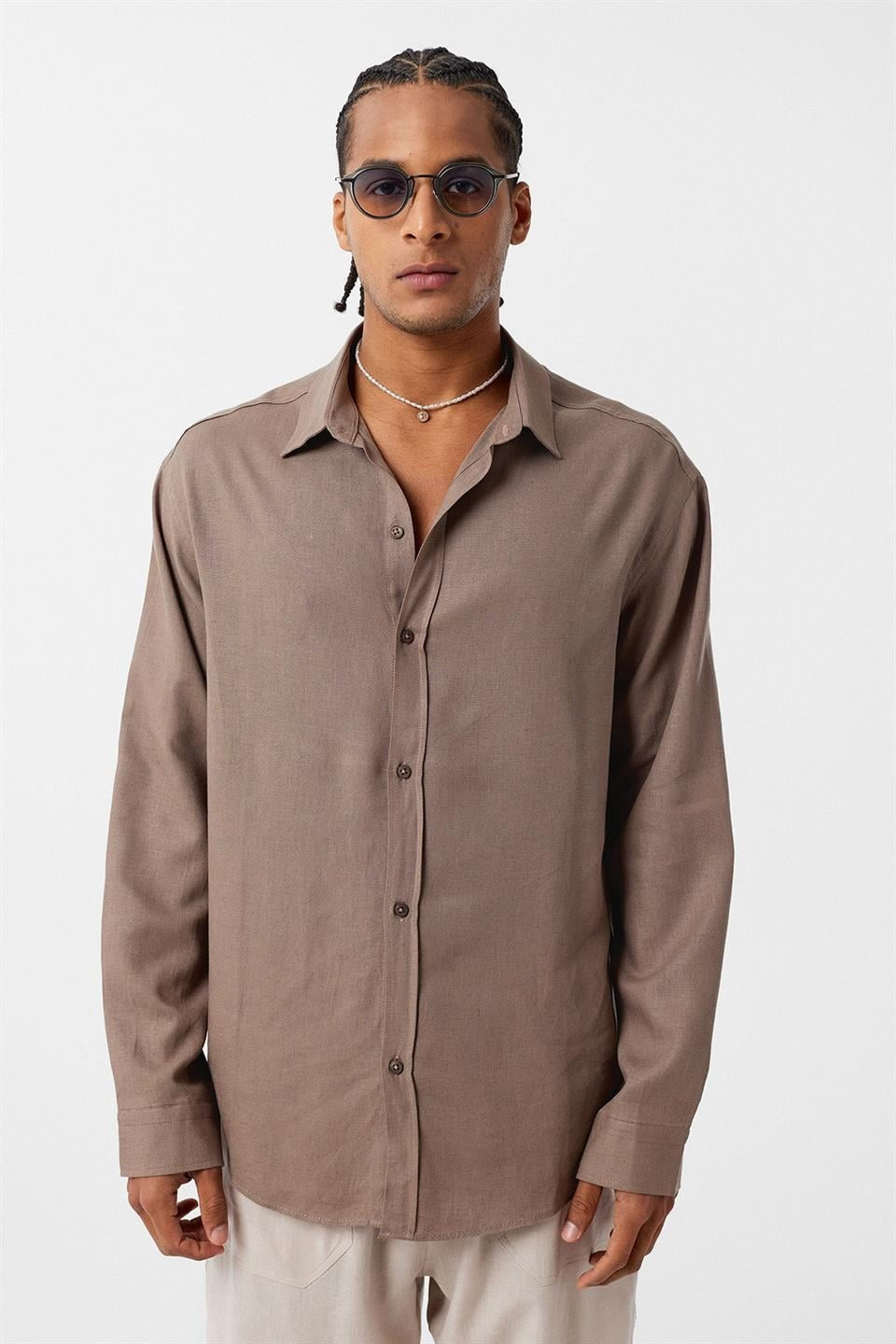 Basic Oversize Uzun Kollu Keten Gömlek