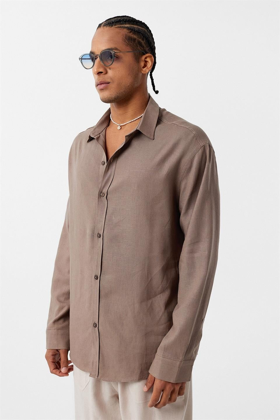 Basic Oversize Uzun Kollu Keten Gömlek